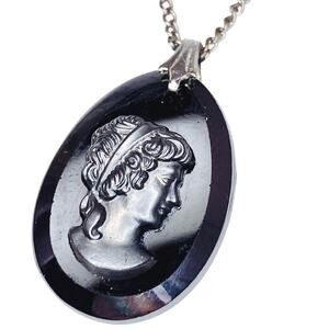 Vintage 1960s Hematite Cameo Pendant Necklace Mourning Style Dainty Silver Tone